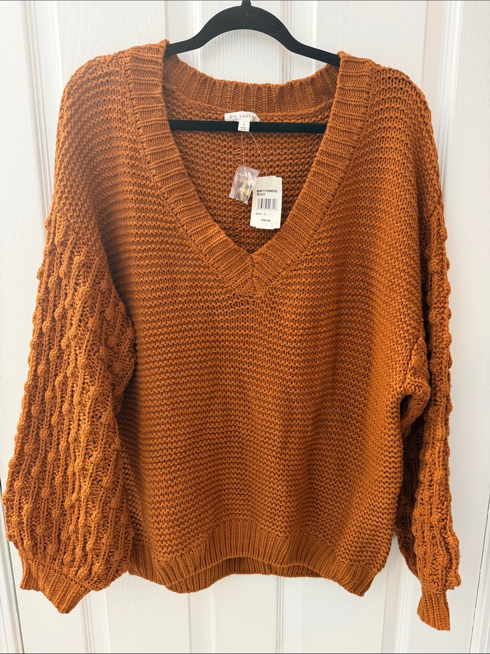 Dry Goods Burnt Orange/Rust V-Neck Cable Sleeve Knit Sweater